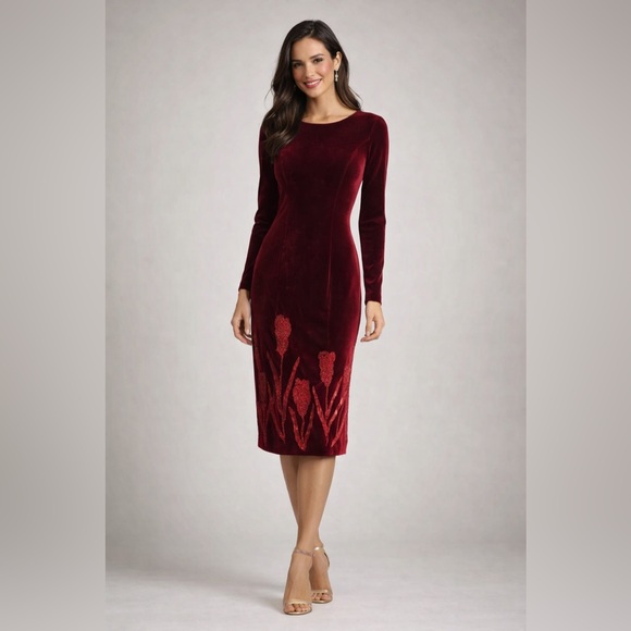 Cassandra Stone Burgundy Velvet Midi Dress Beaded Tulip Hem Long Sleeve Sz 6 Cassandra Stone Burgundy Velvet Midi Dress Beaded Tulip Hem Long Sleeve Sz 6